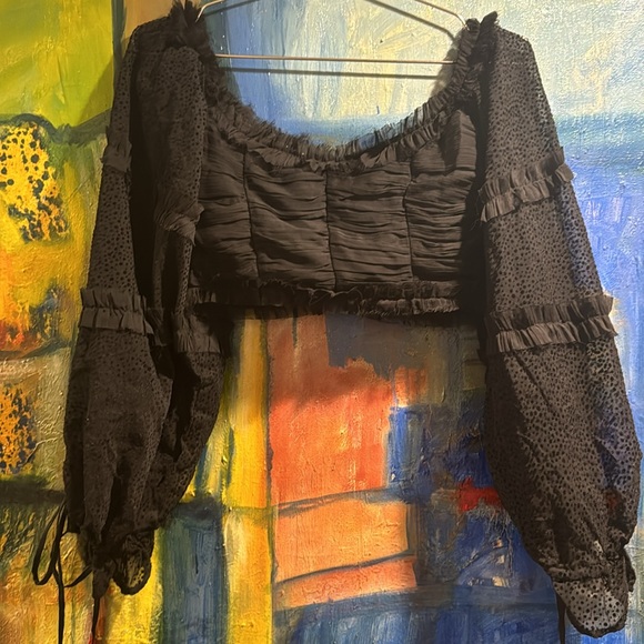 ASOS D E S I G N black chiffon crop balloon ruffle mixed print made in India 4 - Picture 6 of 13